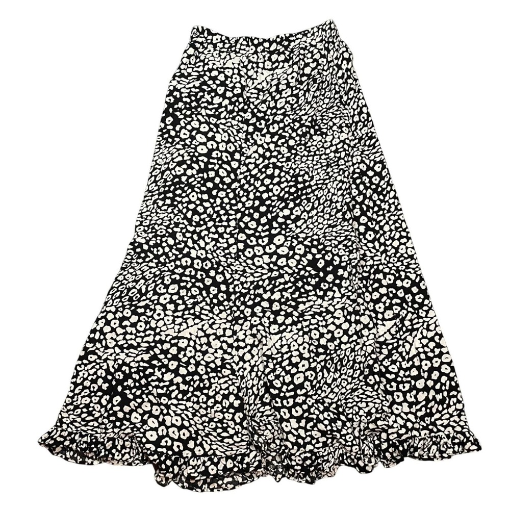Vintage Ruffle Hem Maxi Skirt Black White Floral Medium Boho Flowy 90's USA Made